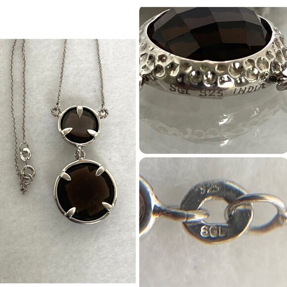 Sterling Silver SGL 925 India Faceted Round Smoky Quartz Pendant Necklace 18" - Picture 9 of 16